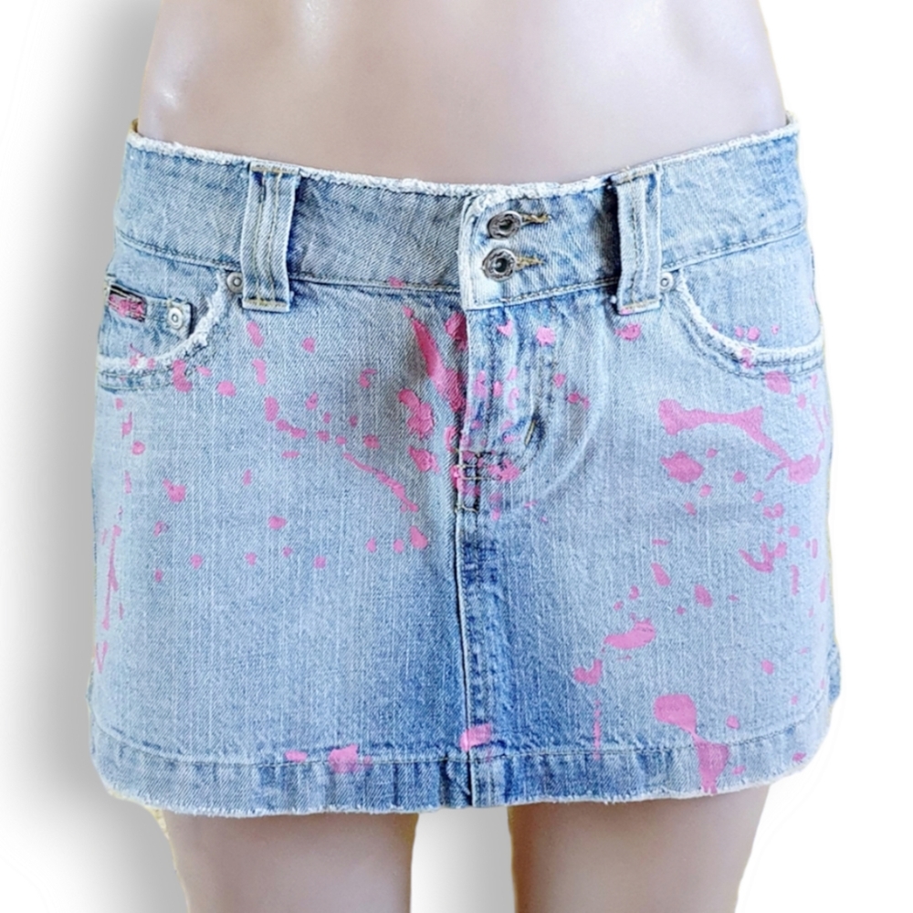 Y2k blue denim mini/ short skirt with pink splash paint print BUBBLEGUM AU 8-10 - Picture 5 of 6